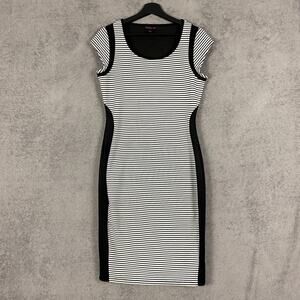 Material Girl Dress Womens Large Black White Striped Cap Sleeve Career Cocktail